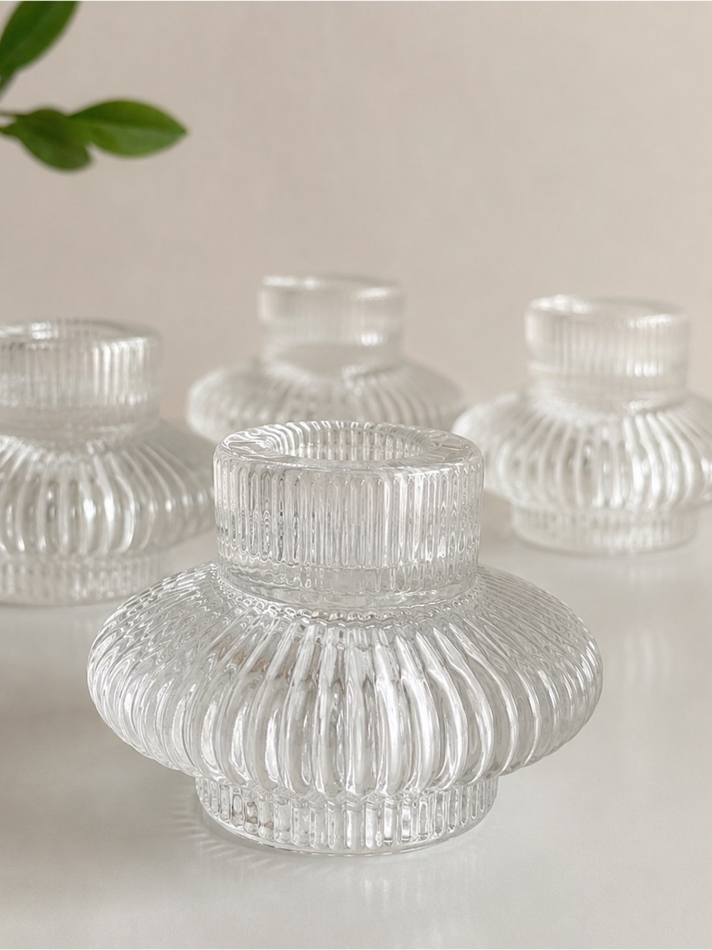 Set of 4 Ribbed Clear Glass Candle Holders